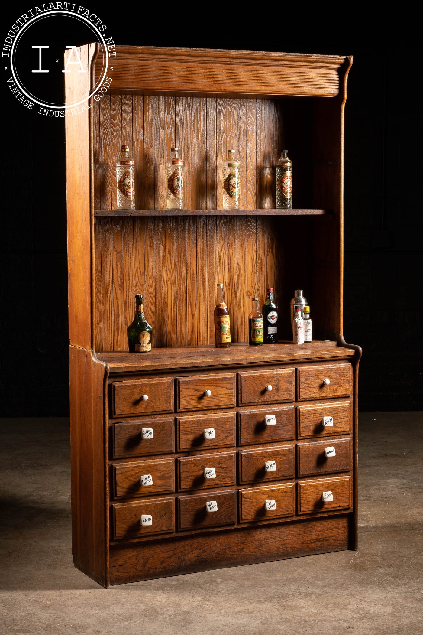 Early American Wooden Apothecary Cabinet Hutch