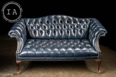 Tufted Leather Chippendale Sofa in Blue