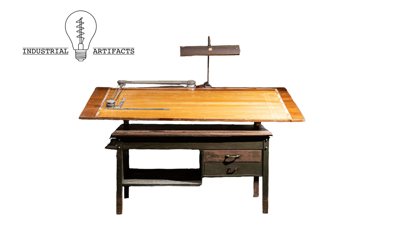 Industrial Antique Bruning Drafting Table With Floating Lamp And Drafting Machine