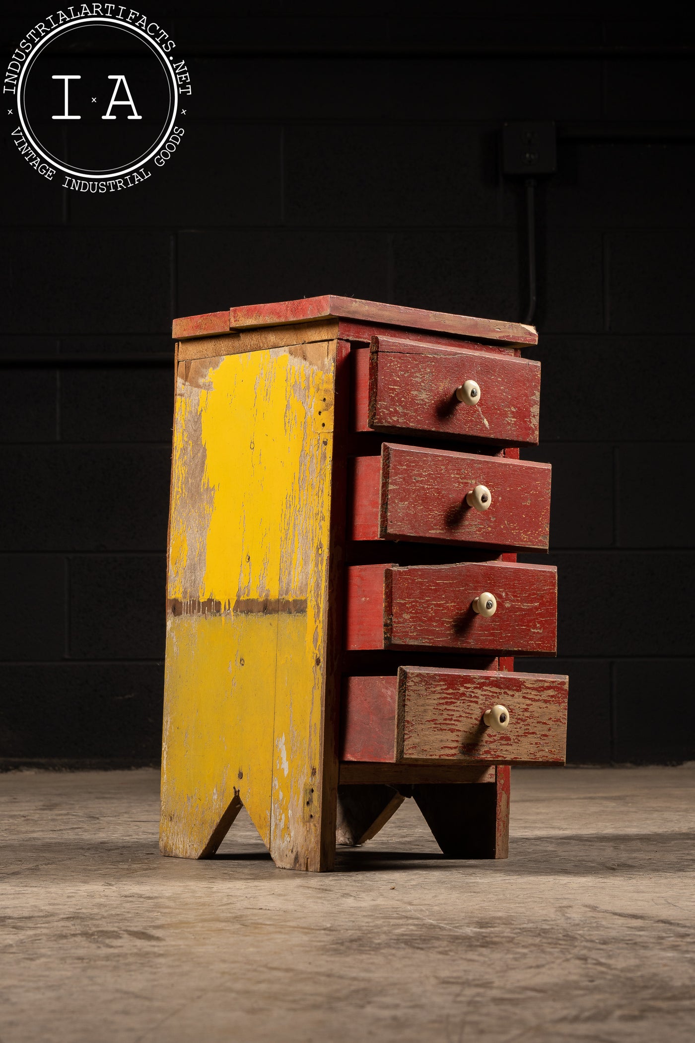 Antique Red Chippy Paint Four Drawer Cabinet