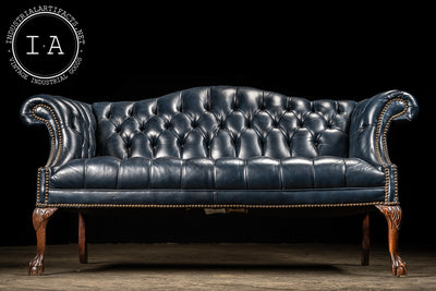 Tufted Leather Chippendale Sofa in Blue