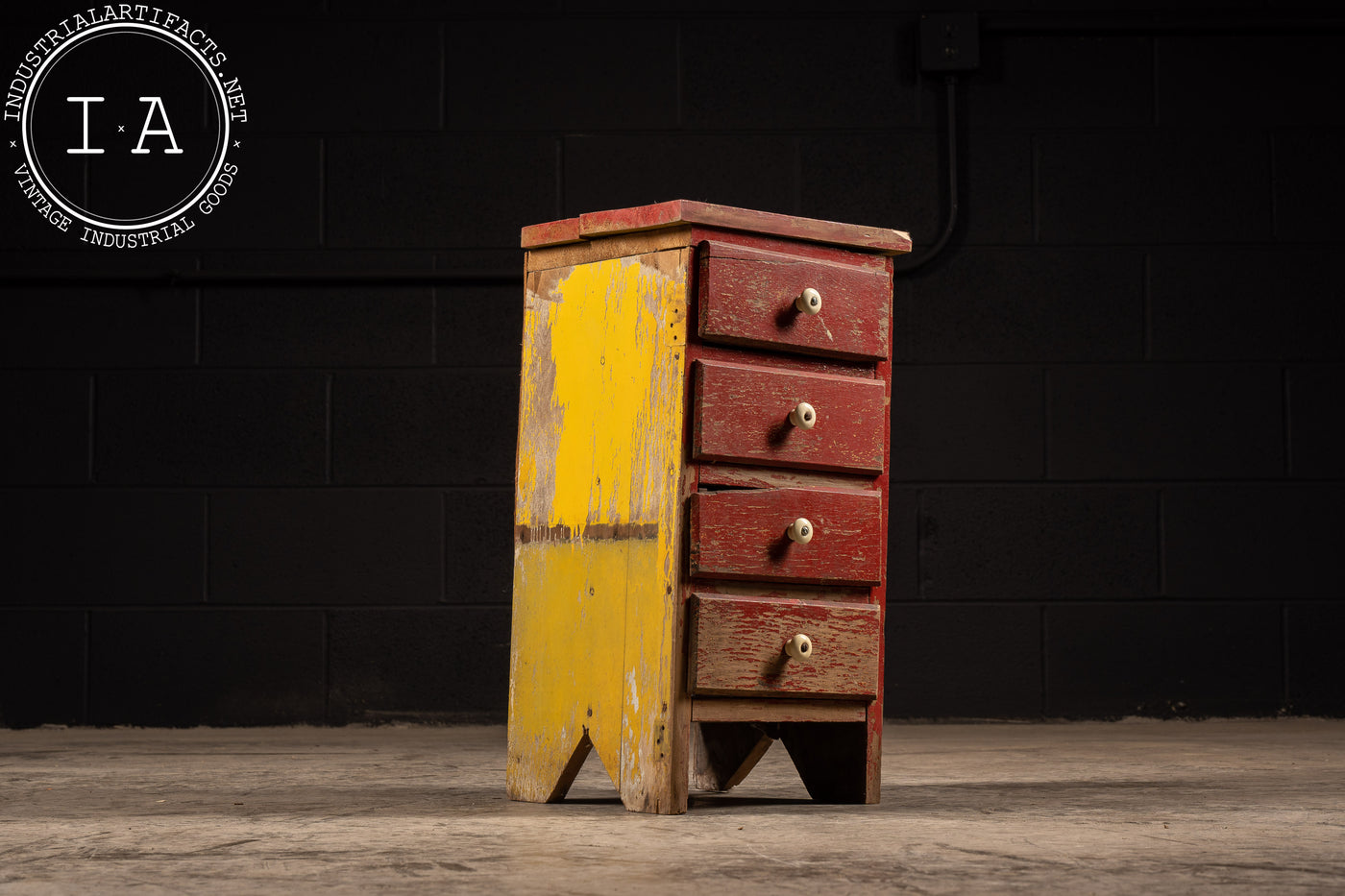 Antique Red Chippy Paint Four Drawer Cabinet